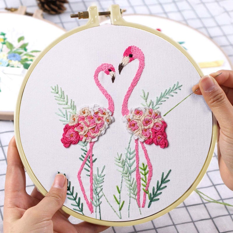 Konrisa Flamingo Embroidery Kit for Beginners with Pattern Floral Stamped Full Range of Embroidery Starter Kit for Adults Cross Stitch Kit with Embroidery Cloth, Hoops, Color Thread and Tools,Set of 2 - Image 5